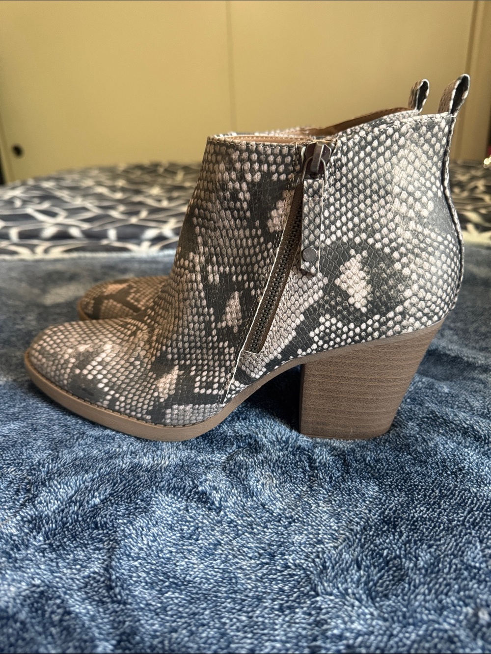 Women's Grey Snake-Print Ankle Bootie with Block Heel